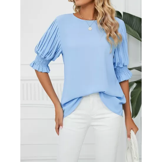 Pleated Solid Color Loose Puff Sleeves Round-Neck T-Shirts Tops