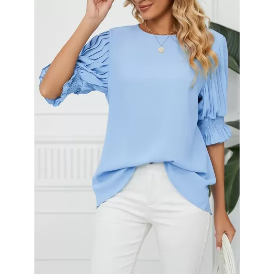 Pleated Solid Color Loose Puff Sleeves Round-Neck T-Shirts Tops