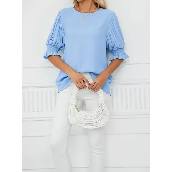 Pleated Solid Color Loose Puff Sleeves Round-Neck T-Shirts Tops