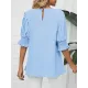 Pleated Solid Color Loose Puff Sleeves Round-Neck T-Shirts Tops