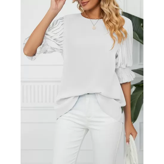 Pleated Solid Color Loose Puff Sleeves Round-Neck T-Shirts Tops