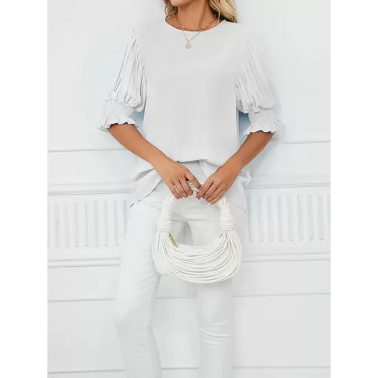 Pleated Solid Color Loose Puff Sleeves Round-Neck T-Shirts Tops