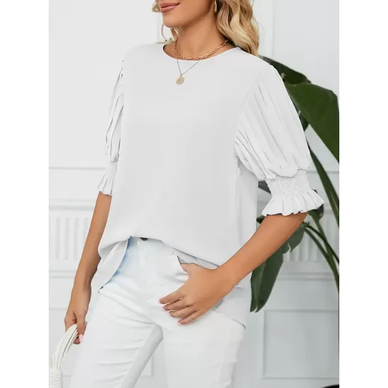 Pleated Solid Color Loose Puff Sleeves Round-Neck T-Shirts Tops