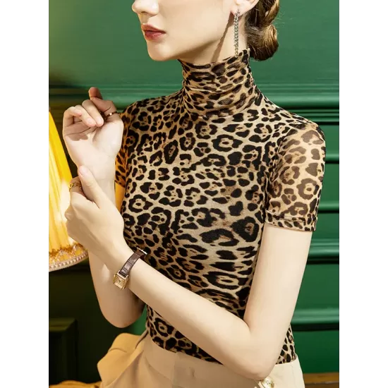 Urban Skinny Leopard High-Neck T-Shirts Tops