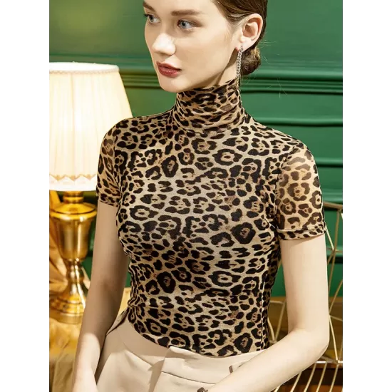 Urban Skinny Leopard High-Neck T-Shirts Tops