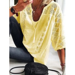 Simple Casual Hollow Lace Split-Joint U-Neck T-Shirt Top