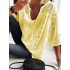 Simple Casual Hollow Lace Split-Joint U-Neck T-Shirt Top