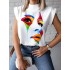 Original Casual High-Neck Cap Sleeves Face Printed T-Shirt Top