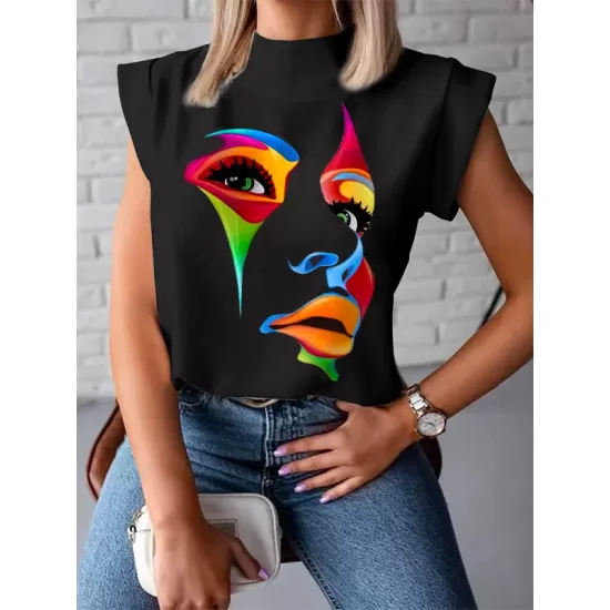 Original Casual High-Neck Cap Sleeves Face Printed T-Shirt Top