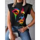 Original Casual High-Neck Cap Sleeves Face Printed T-Shirt Top