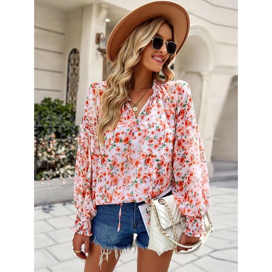 Casual Loose Floral Printed V-Neck T-Shirt