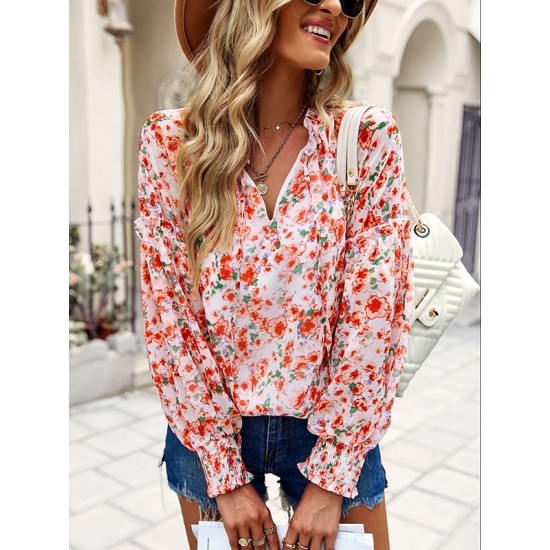 Casual Loose Floral Printed V-Neck T-Shirt