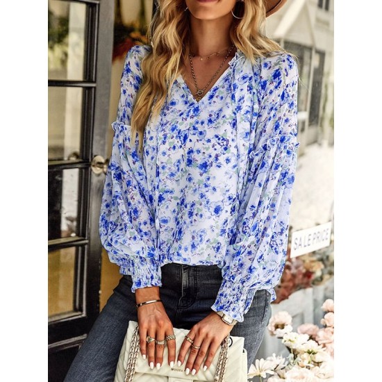 Casual Loose Floral Printed V-Neck T-Shirt