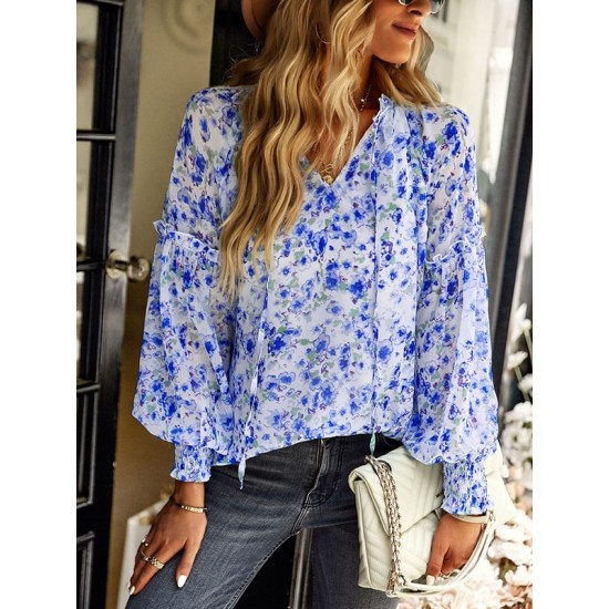 Casual Loose Floral Printed V-Neck T-Shirt