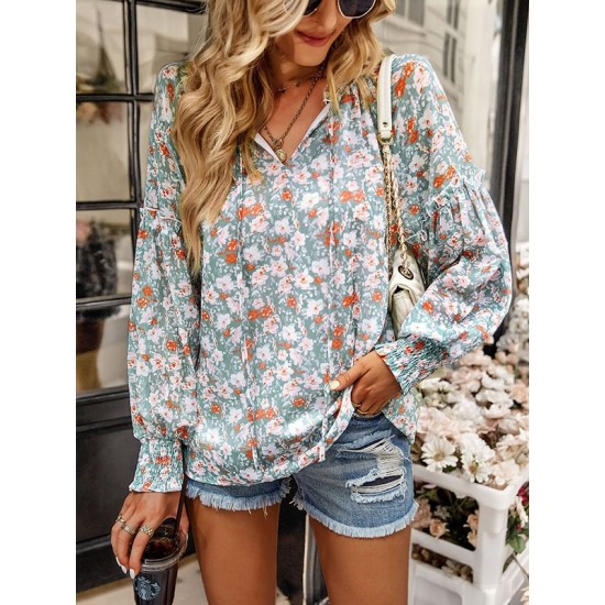 Casual Loose Floral Printed V-Neck T-Shirt