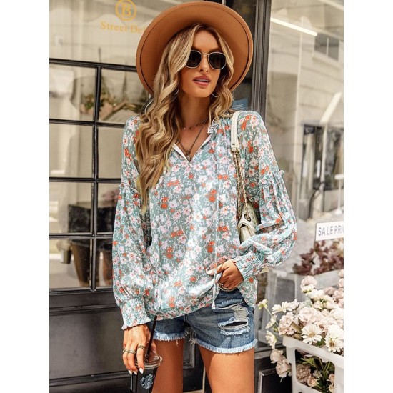 Casual Loose Floral Printed V-Neck T-Shirt