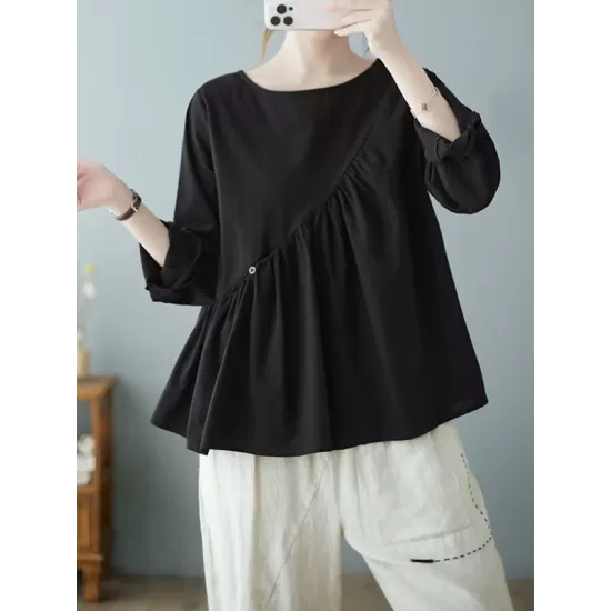 Casual Loose Long Sleeves Solid Color Round-Neck T-Shirts Tops