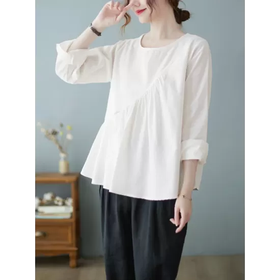 Casual Loose Long Sleeves Solid Color Round-Neck T-Shirts Tops