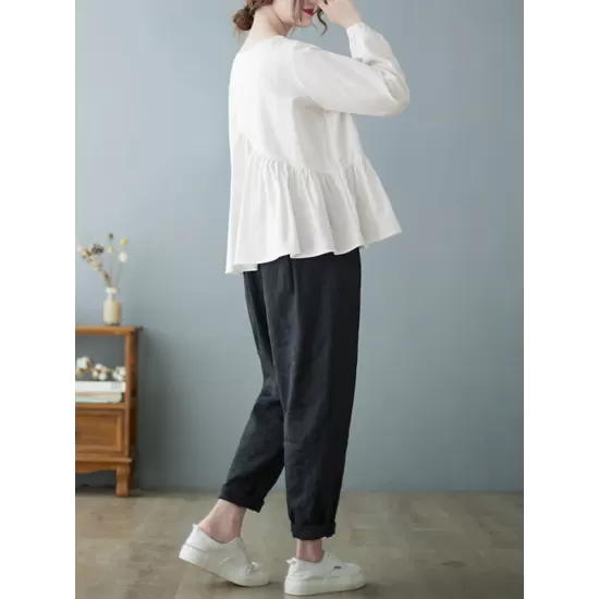 Casual Loose Long Sleeves Solid Color Round-Neck T-Shirts Tops