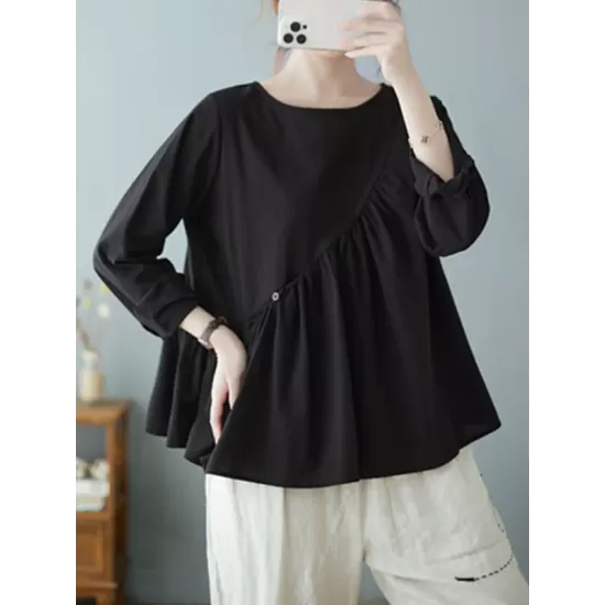 Casual Loose Long Sleeves Solid Color Round-Neck T-Shirts Tops