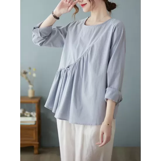 Casual Loose Long Sleeves Solid Color Round-Neck T-Shirts Tops