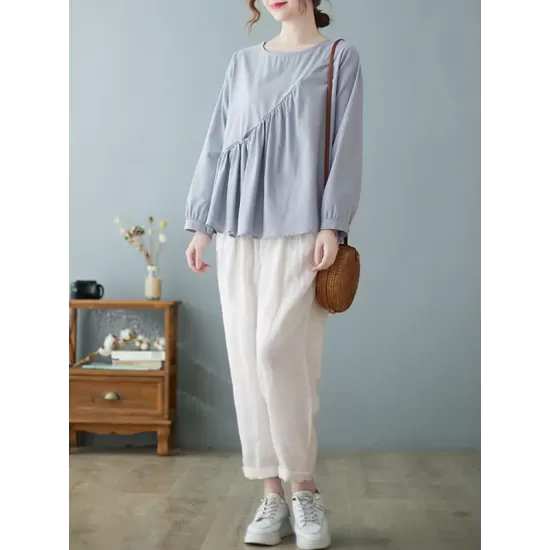 Casual Loose Long Sleeves Solid Color Round-Neck T-Shirts Tops