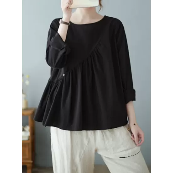 Casual Loose Long Sleeves Solid Color Round-Neck T-Shirts Tops