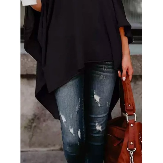 Casual Asymmetric Solid Color High-Neck T-Shirts Tops