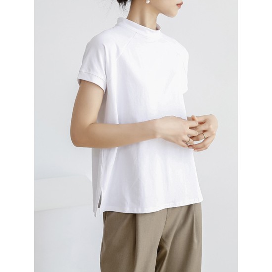 Casual Short Sleeves Loose Solid Color Stand Collar T-Shirts Tops