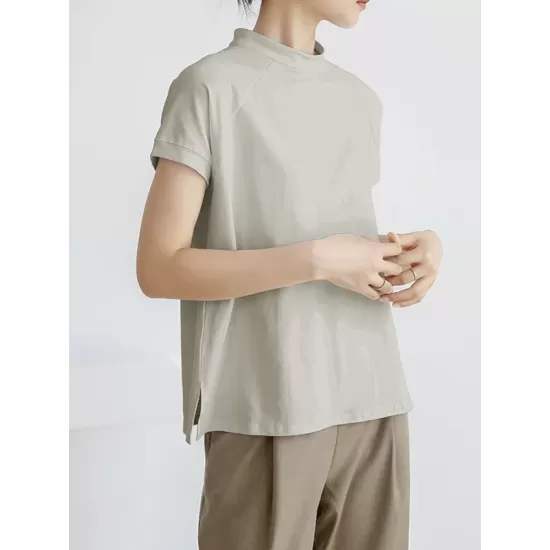 Casual Short Sleeves Loose Solid Color Stand Collar T-Shirts Tops