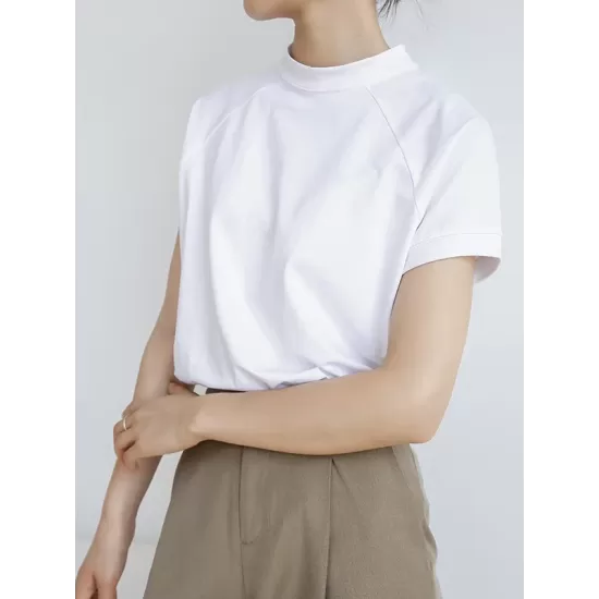 Casual Short Sleeves Loose Solid Color Stand Collar T-Shirts Tops