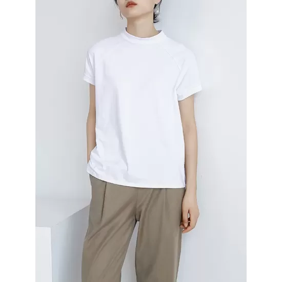 Casual Short Sleeves Loose Solid Color Stand Collar T-Shirts Tops