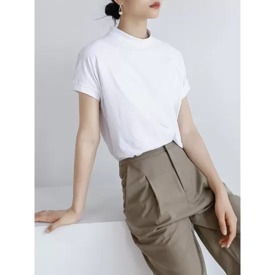 Casual Short Sleeves Loose Solid Color Stand Collar T-Shirts Tops