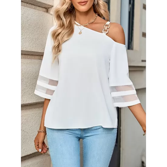 Casual Loose Half Sleeves Solid Color One-Shoulder T-Shirts Tops