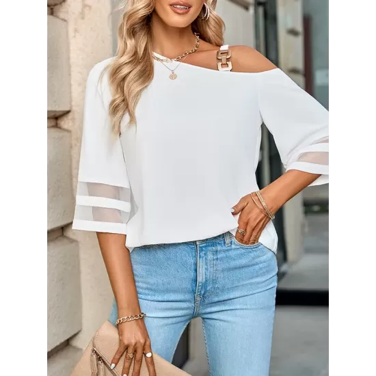 Casual Loose Half Sleeves Solid Color One-Shoulder T-Shirts Tops