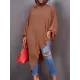 Loose See-Through Long Sleeves Asymmetric Solid Color High-Neck T-Shirts Tops