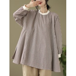 Puff Sleeves Irregularity Plaid Split-Joint Round-Neck T-Shirts Tops