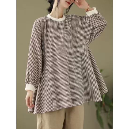 Puff Sleeves Irregularity Plaid Split-Joint Round-Neck T-Shirts Tops