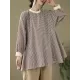 Puff Sleeves Irregularity Plaid Split-Joint Round-Neck T-Shirts Tops