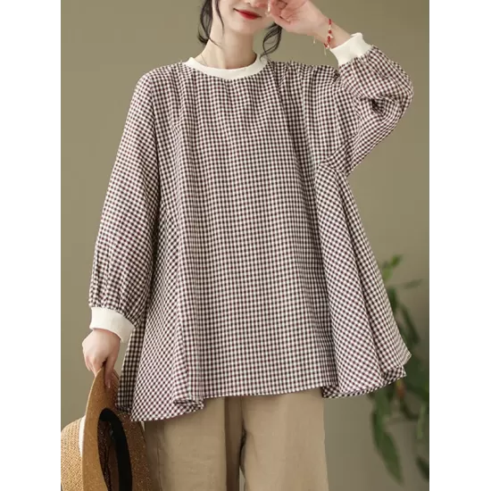 Puff Sleeves Irregularity Plaid Split-Joint Round-Neck T-Shirts Tops