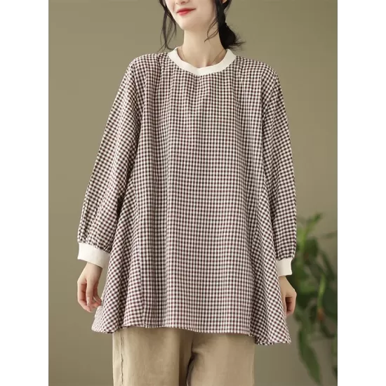 Puff Sleeves Irregularity Plaid Split-Joint Round-Neck T-Shirts Tops