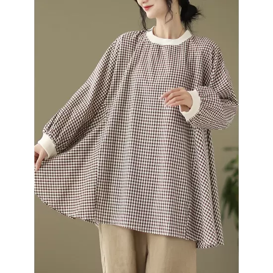 Puff Sleeves Irregularity Plaid Split-Joint Round-Neck T-Shirts Tops