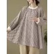 Puff Sleeves Irregularity Plaid Split-Joint Round-Neck T-Shirts Tops