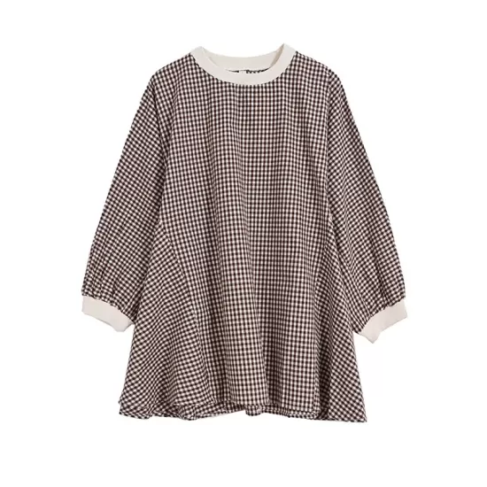 Puff Sleeves Irregularity Plaid Split-Joint Round-Neck T-Shirts Tops