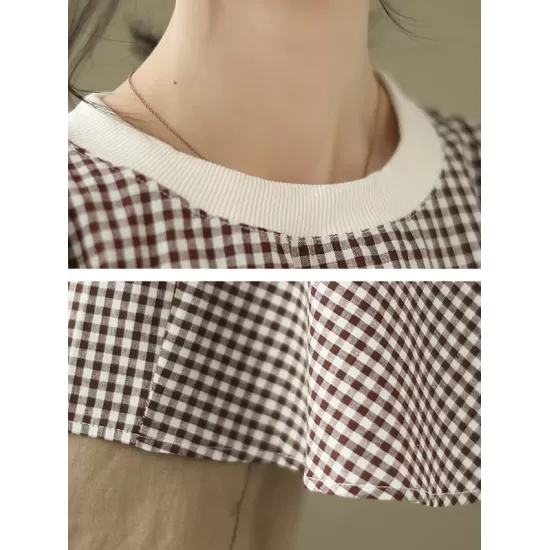 Puff Sleeves Irregularity Plaid Split-Joint Round-Neck T-Shirts Tops