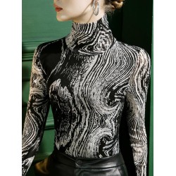 Printed Long Sleeves Skinny High-Neck T-Shirts