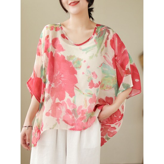 Floral Printed Loose Short Sleeves Round-neck T-shirts