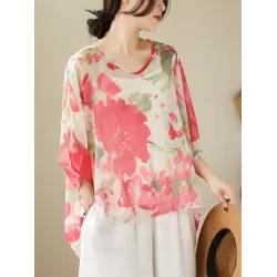 Floral Printed Loose Short Sleeves Round-neck T-shirts