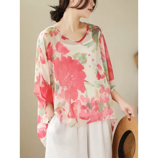 Floral Printed Loose Short Sleeves Round-neck T-shirts