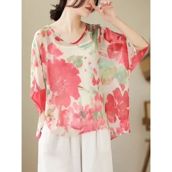 Floral Printed Loose Short Sleeves Round-neck T-shirts